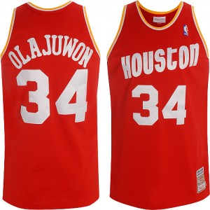 Maillot NBA Rouge Hakeem Olajuwon #34 Houston Rockets Throwback Authentic Homme Mitchell and Ness