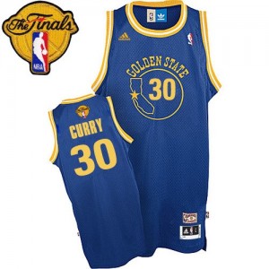 Maillot NBA Golden State Warriors #30 Stephen Curry Bleu royal Adidas Authentic Throwback 2015 The Finals Patch - Homme