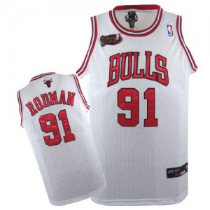 Maillot NBA Blanc Dennis Rodman #91 Chicago Bulls Champions Patch Authentic Homme Nike