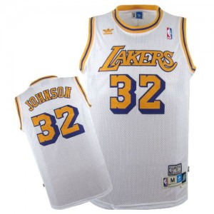 Maillot NBA Blanc Magic Johnson #32 Los Angeles Lakers Throwback Authentic Homme Mitchell and Ness
