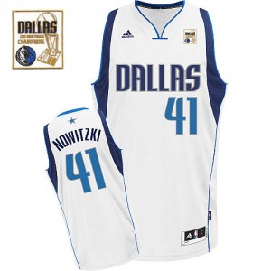 Dallas Mavericks Dirk Nowitzki #41 Home Champions Patch Swingman Maillot d'équipe de NBA - Blanc pour Homme