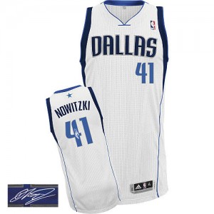 Maillot Authentic Dallas Mavericks NBA Home Autographed Blanc - #41 Dirk Nowitzki - Homme