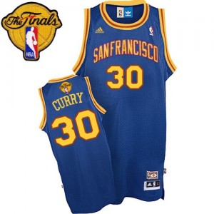 Maillot NBA Golden State Warriors #30 Stephen Curry Bleu royal Adidas Authentic Throwback San Francisco 2015 The Finals Patch - Homme