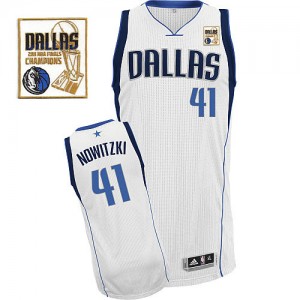 Maillot Authentic Dallas Mavericks NBA Home Champions Patch Blanc - #41 Dirk Nowitzki - Homme