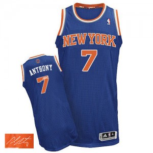 Maillot NBA Bleu royal Carmelo Anthony #7 New York Knicks Road Autographed Authentic Homme Adidas